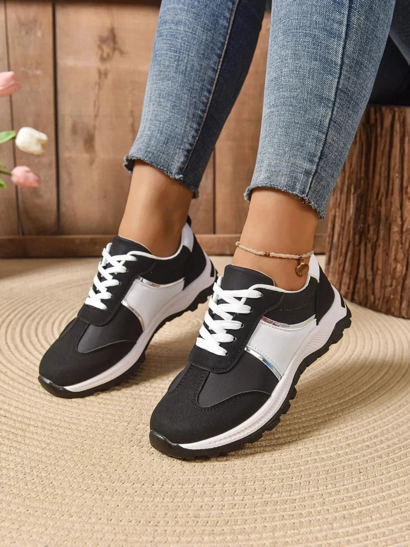 Contrast Lace Up Sneakers - VILLA FASHION